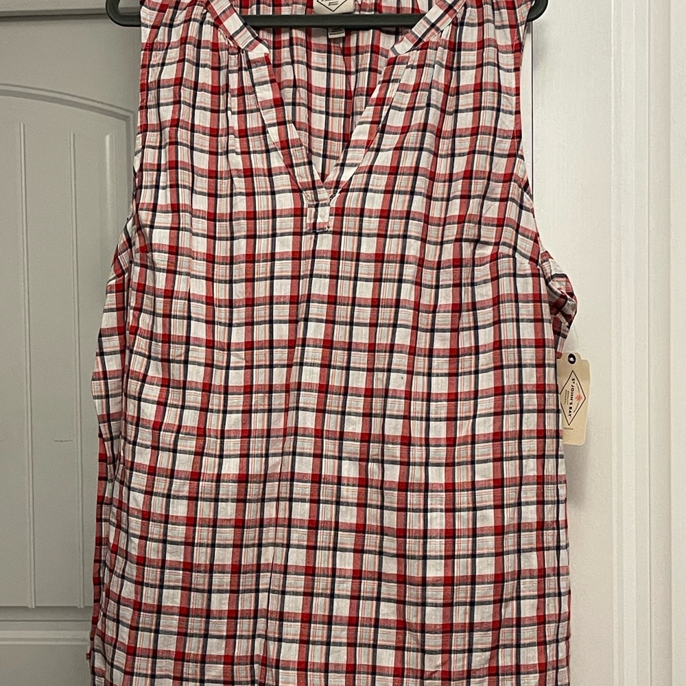 St. John's Bay Red and White Plaid Sleeveless V-Neck Blouse